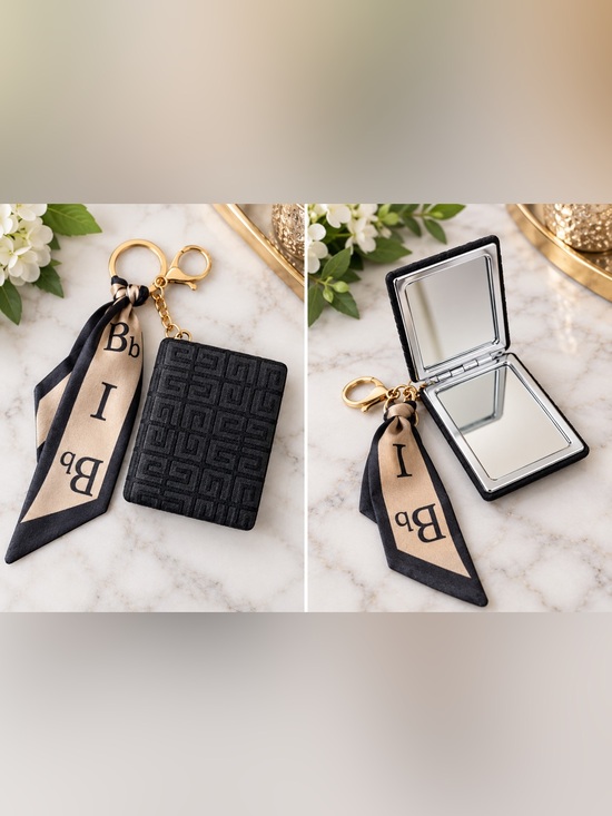 The Unbranded Brand Accessories - Black Quilted Keychain Compact Mirror with Scarf Accent